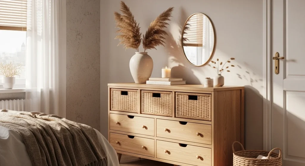 basket storage bedroom dresser decor ideas