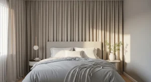  small apartment bedroom with full wall curtain backdrop 