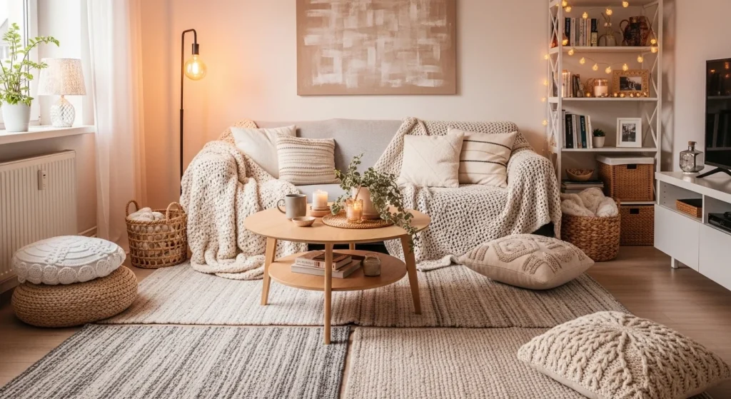 layered rug cozy small apartment living room decor