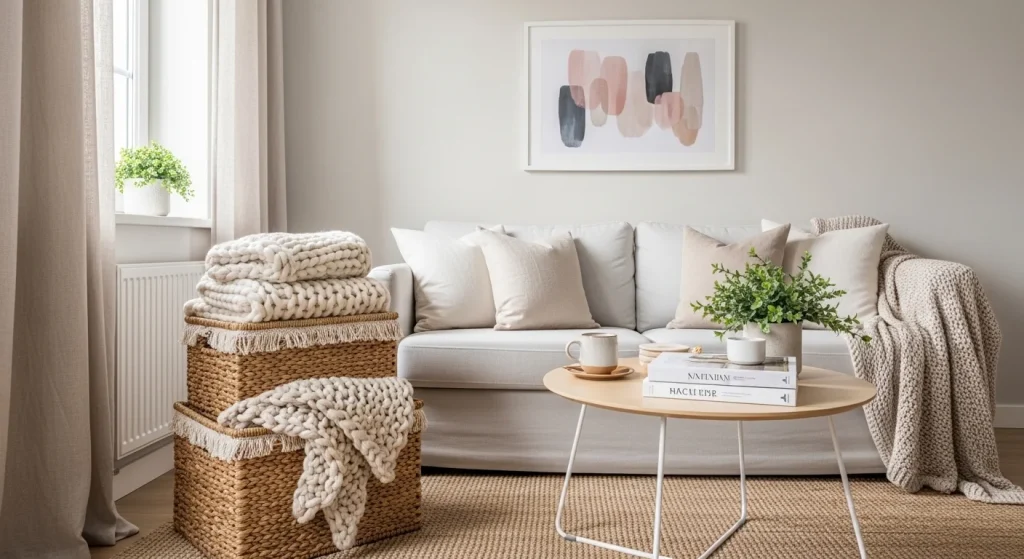 basket storage small apartment living room ideas