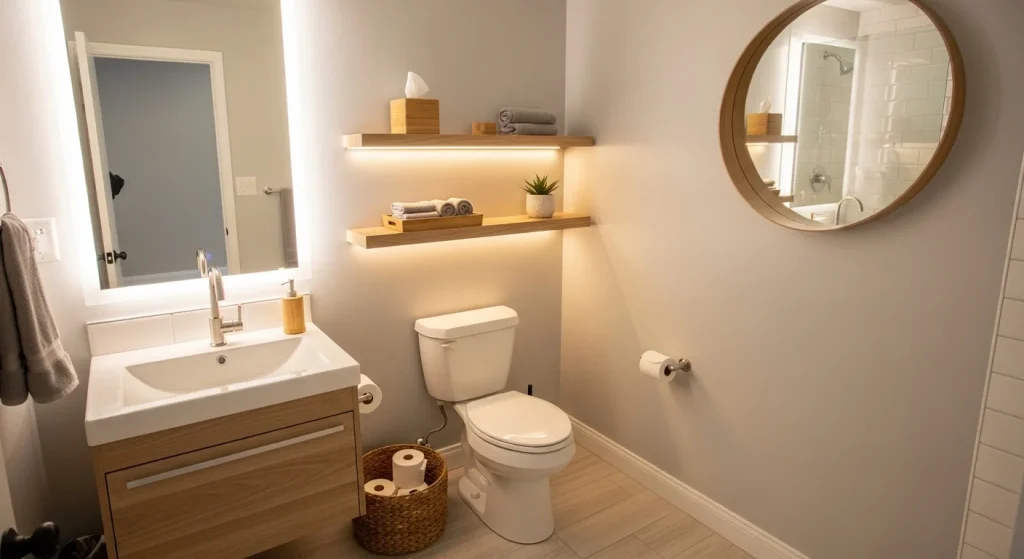 warm LED lighting cozy small apartment bathroom decor