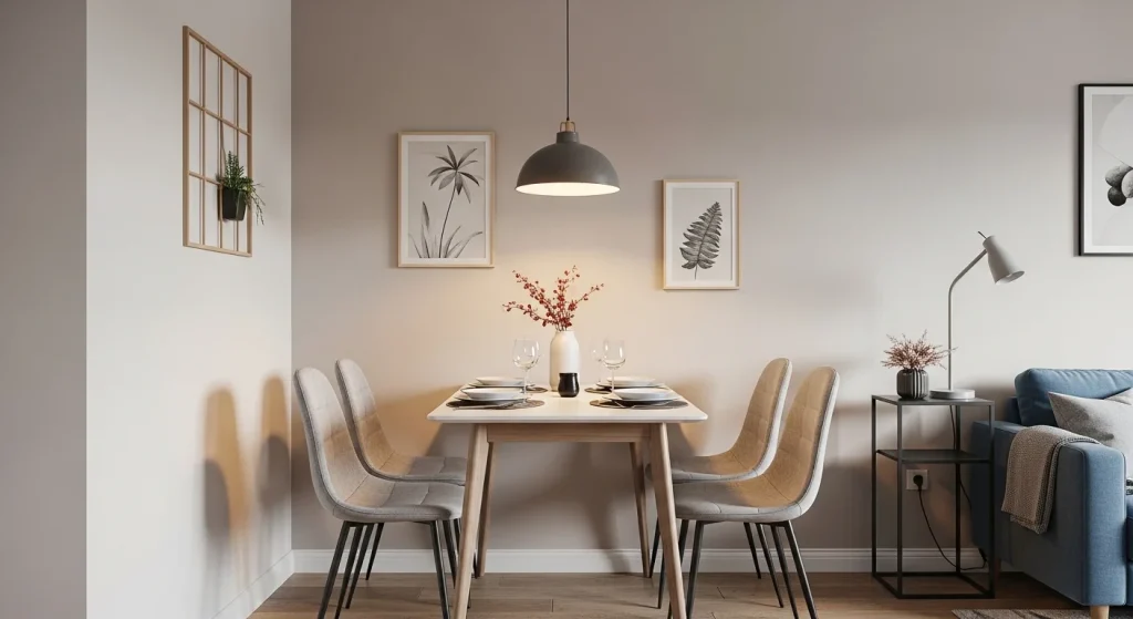 Small dining area with a soft neutral accent wall and minimal furniture