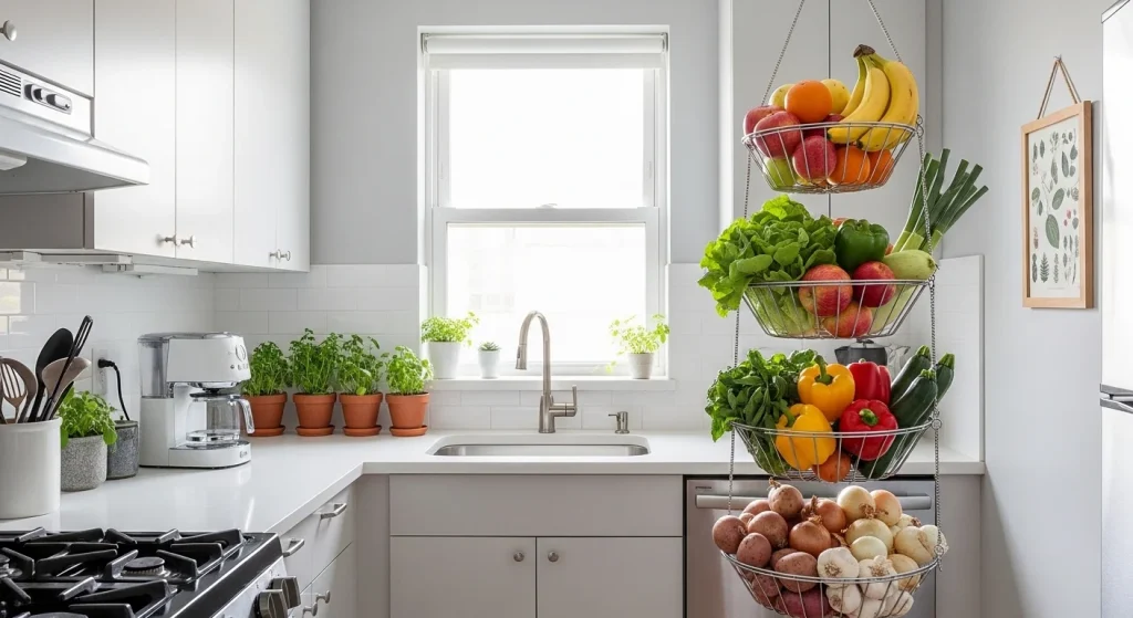 hanging basket produce small apartment kitchen organization ideas
