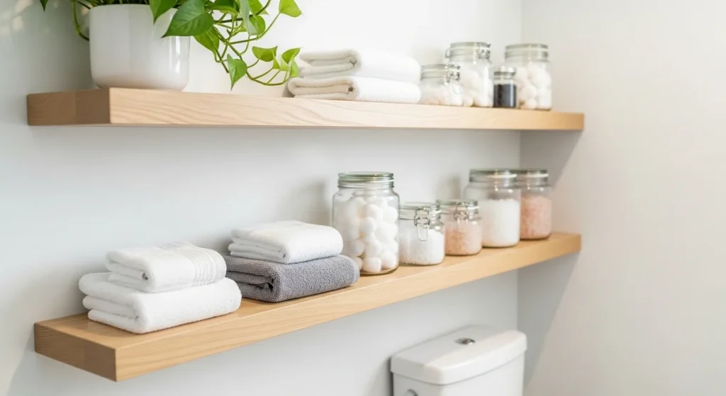  balanced shelf styling small apartment bathroom shelf ideas
