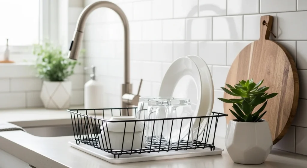 dish rack small apartment kitchen counter decor ideas
