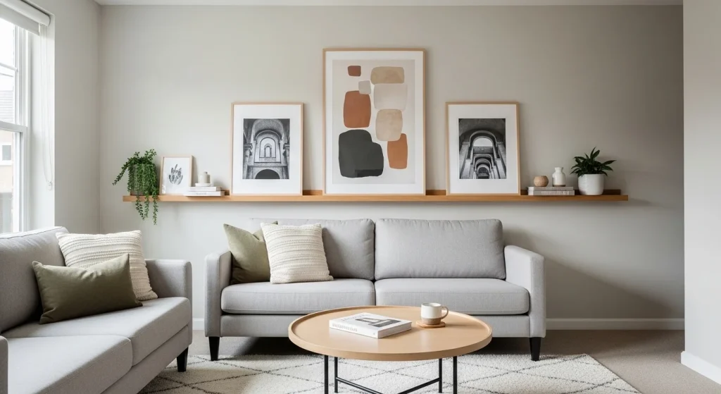 shelf and frame small apartment living room wall decor ideas