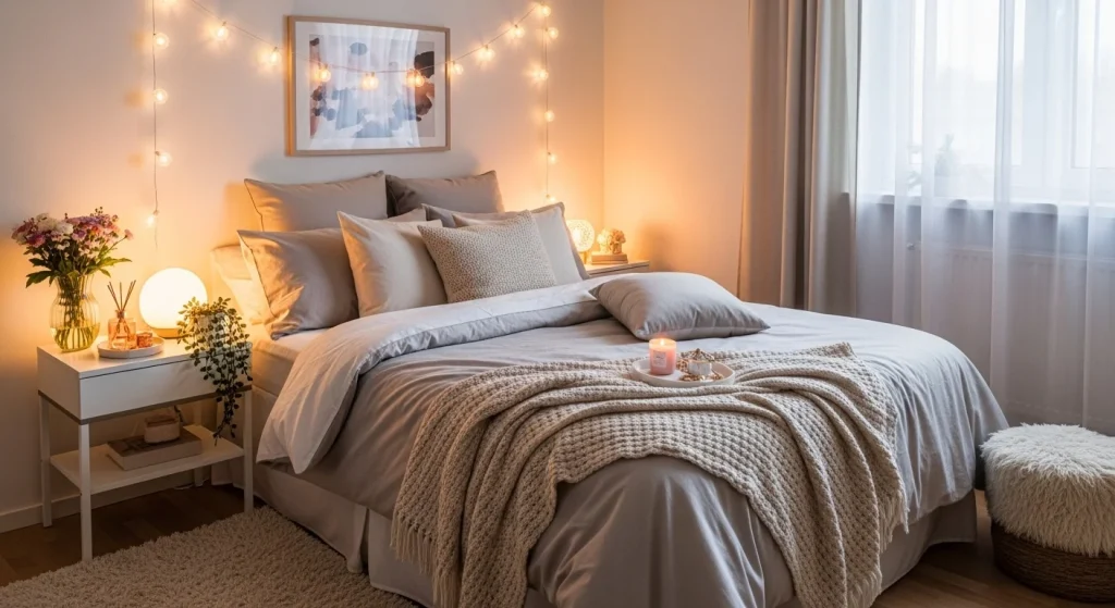 string lights cozy small apartment bedroom idea
