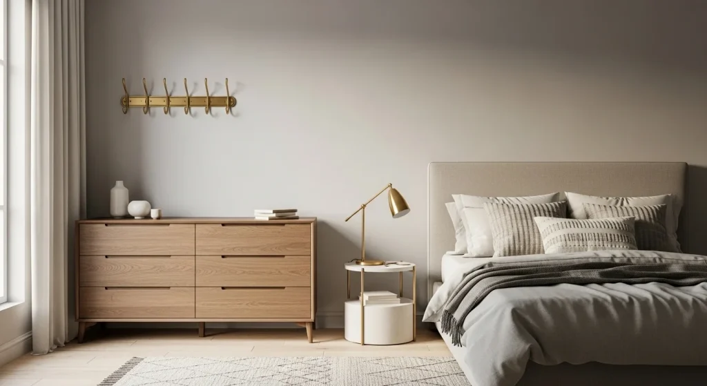 Decorative brass wall hooks used for bags and robes in minimalist bedroom