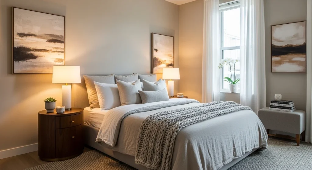 neutral bedding warm lighting small apartment bedroom
