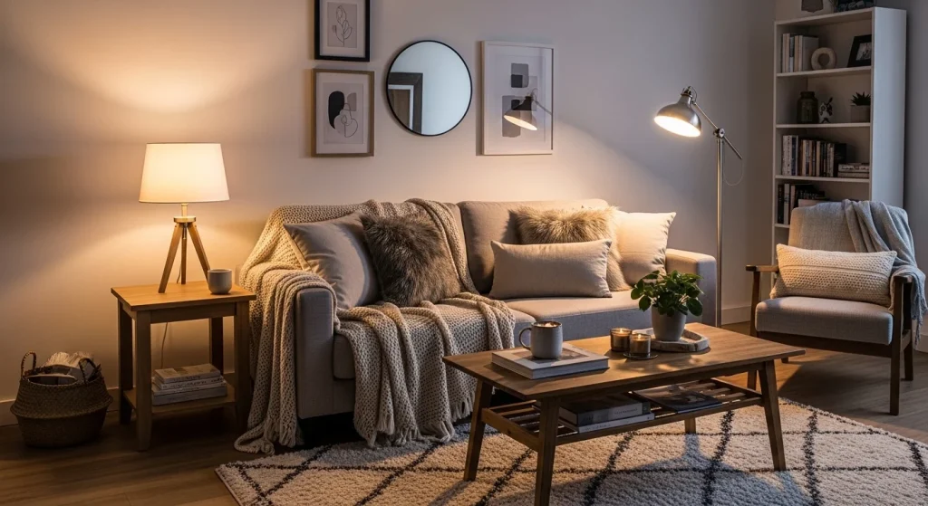 warm evening lighting cozy small apartment living room