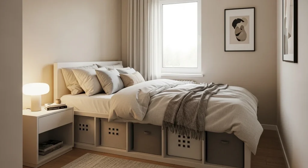 bed frame with storage compartments in small apartment bedroom