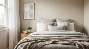  small bedroom with coordinated neutral layered bedding 