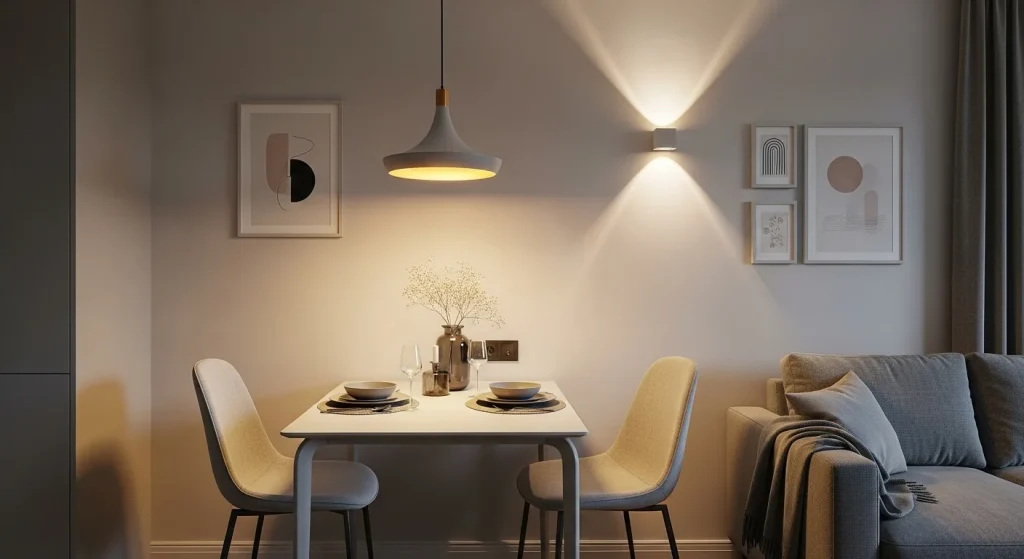 Small dining area with pendant and wall lighting creating a warm ambiance