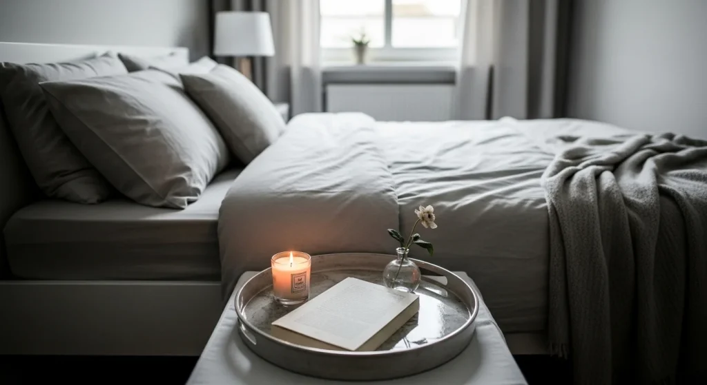bedside tray decor small apartment bedroom idea
