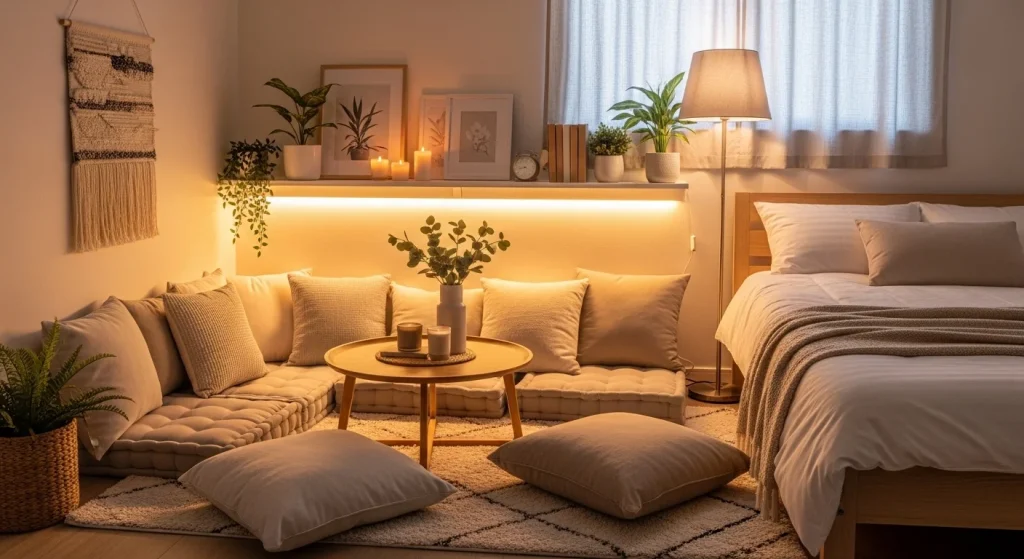  floor cushion aesthetic small apartment bedroom idea
