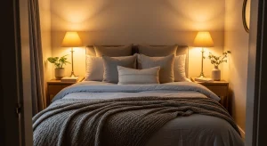 small apartment bedroom with soft ambient warm lighting
