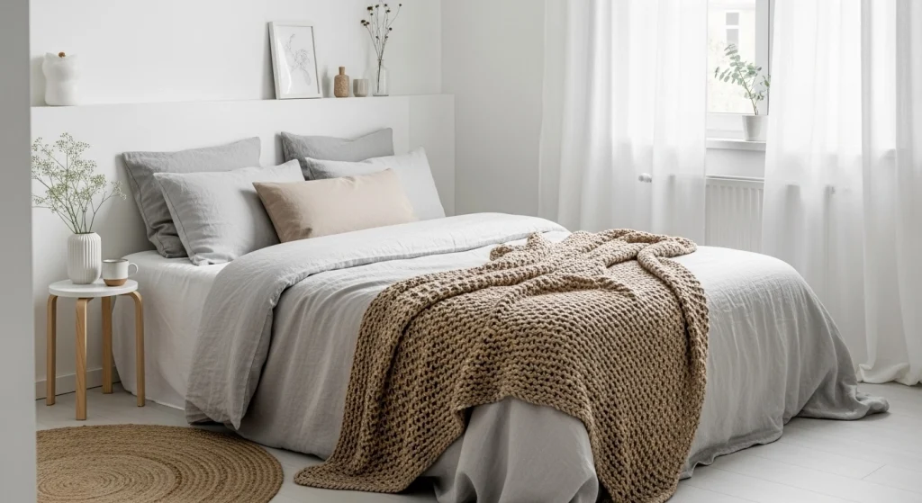Scandinavian bedroom with neutral layered bedding and linen textures
