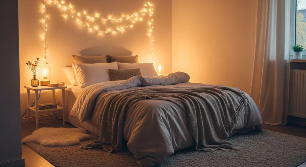 cozy bedroom with fairy lights above bed
