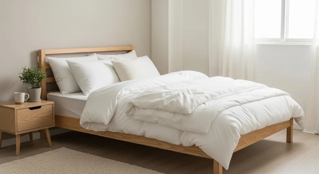 clean minimalist bedding styling in small bedroom