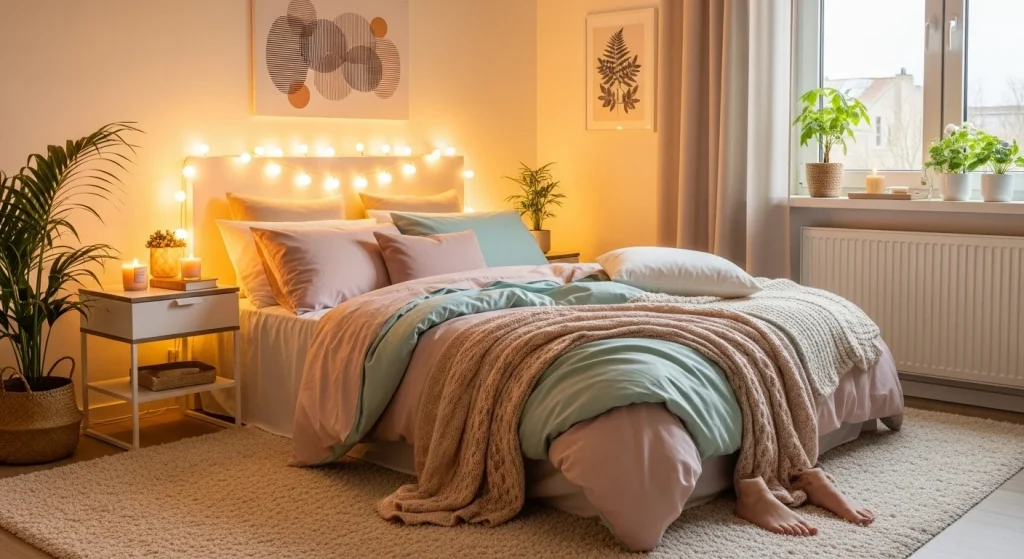 fairy lights headboard in small aesthetic bedroom