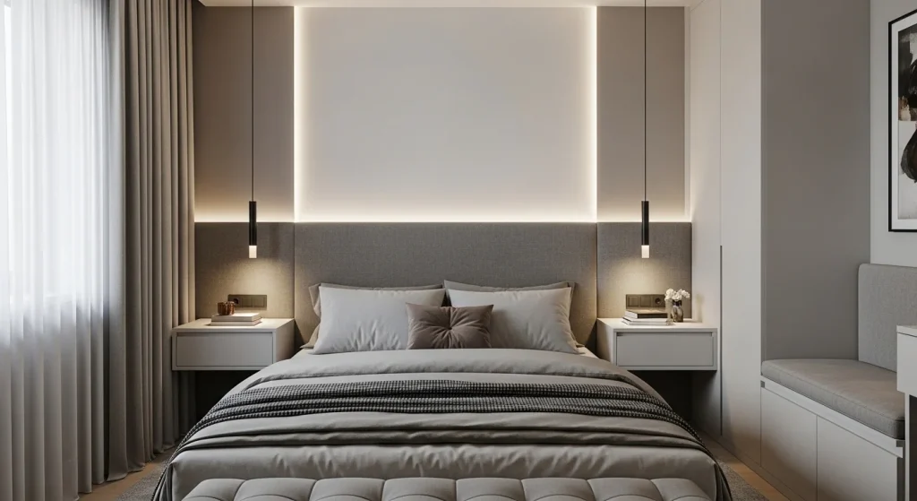 Modern floating nightstand with hidden drawer storage in a small apartment bedroom