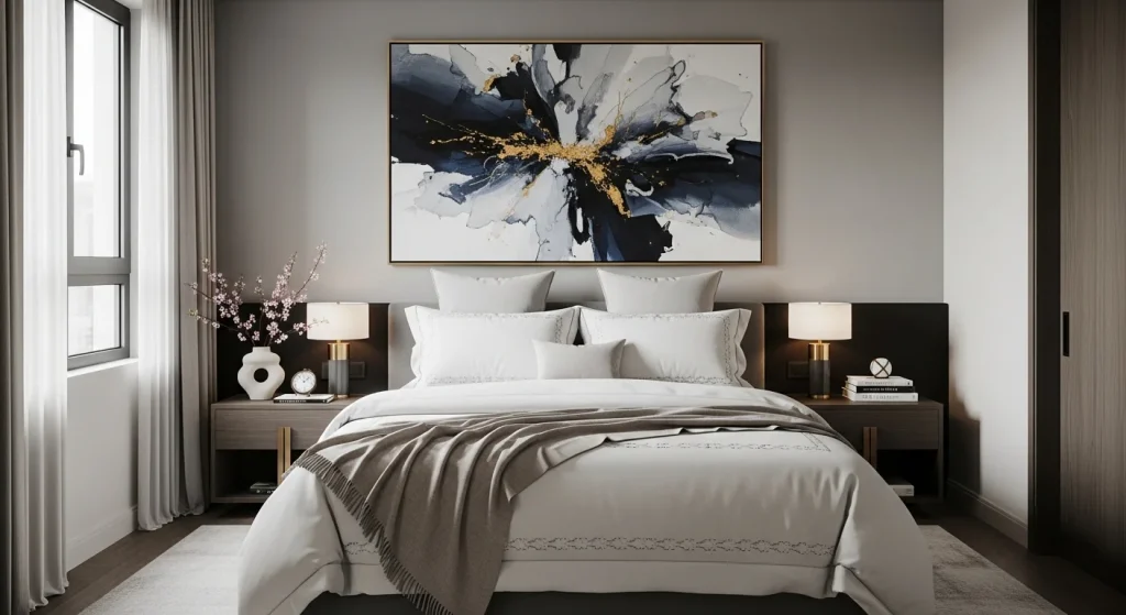 small apartment bedroom with statement wall art