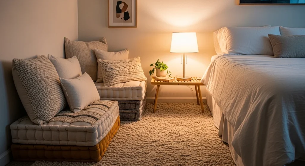 floor cushion small bedroom reading nook
