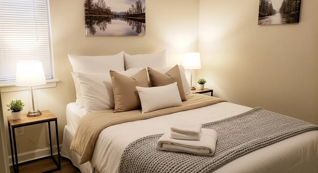 beige and white bedding styling in small bedroom
