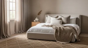 warm beige minimalist small apartment bedroom