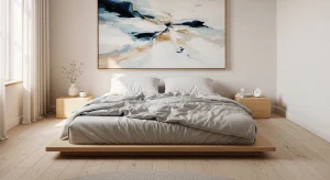  small apartment bedroom with low platform bed and large wall art