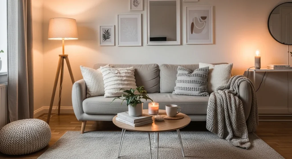 warm lighting cozy small apartment living room decor