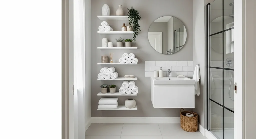vertical shelf small apartment bathroom ideas