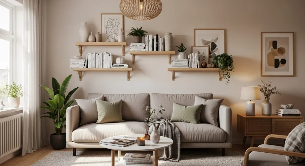 floating shelves small apartment living room ideas