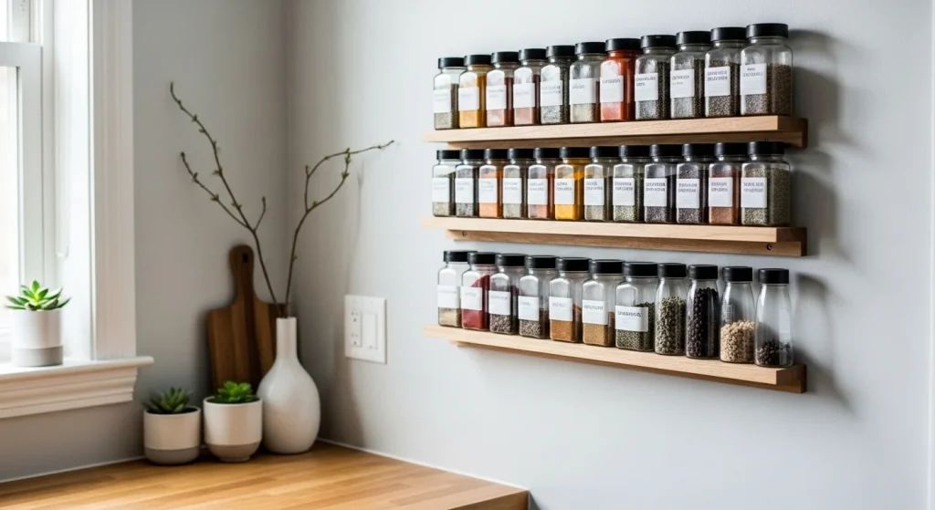 wall mounted spice rack small apartment kitchen storage ideas