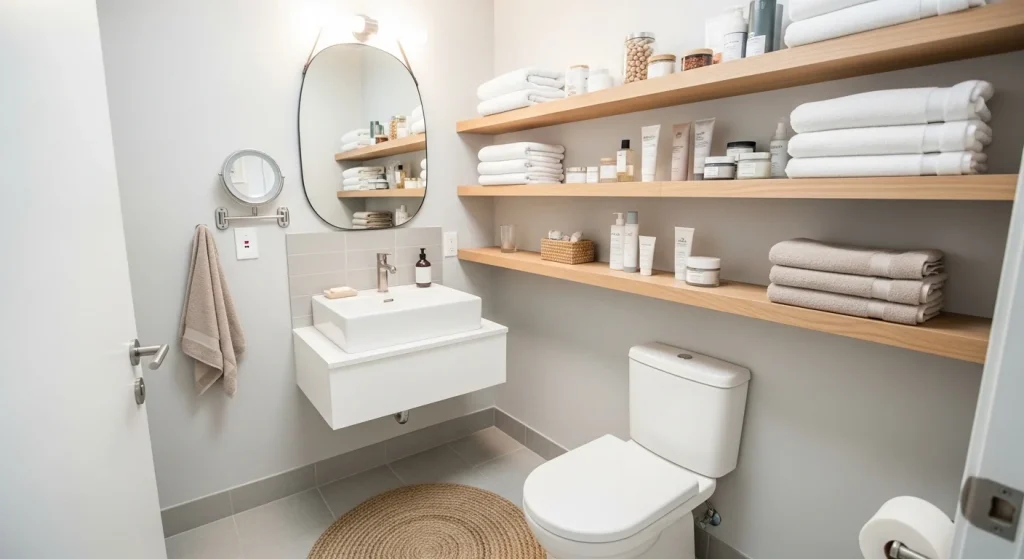 floating shelves small apartment bathroom storage ideas