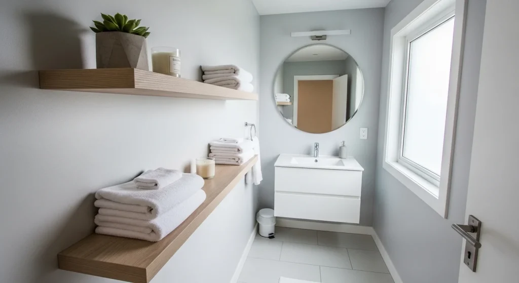 floating shelves minimal small apartment bathroom ideas