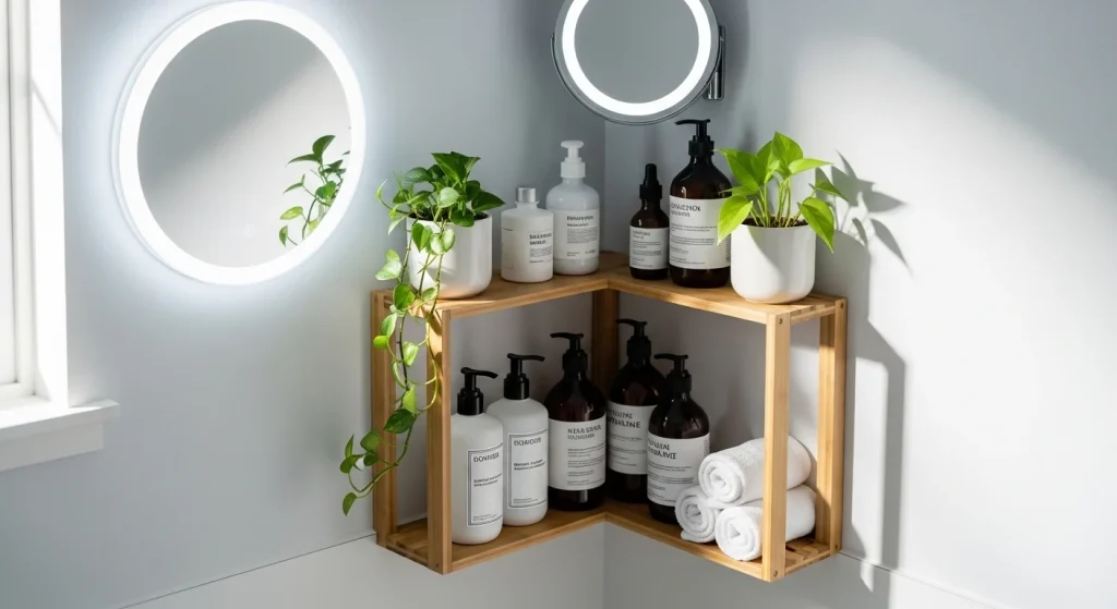 corner shelf small apartment bathroom shelf ideas
