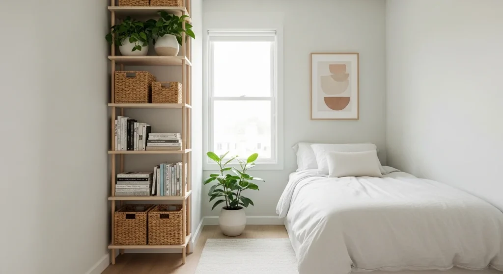vertical shelving storage wall in small apartment bedroom
