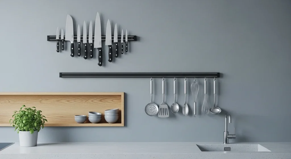 Magnetic knife strip kitchen space-saving hack
