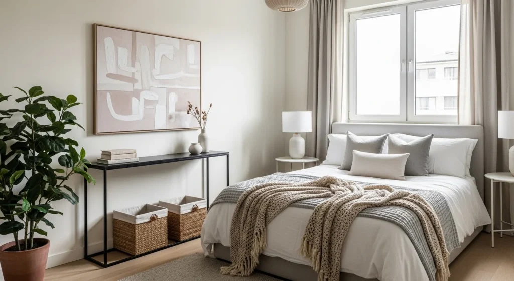 Slim console table with woven storage baskets underneath in small bedroom