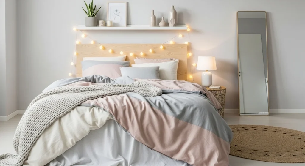 Cozy bedroom with soft decor.