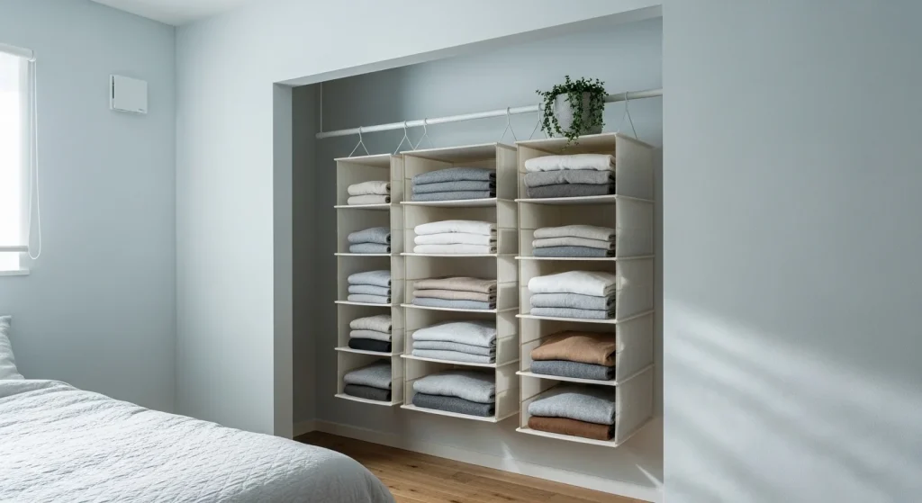 hanging closet organizer storage in small apartment bedroom