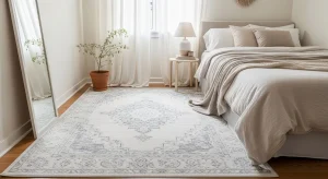  small apartment bedroom with large light rug anchoring the bed 