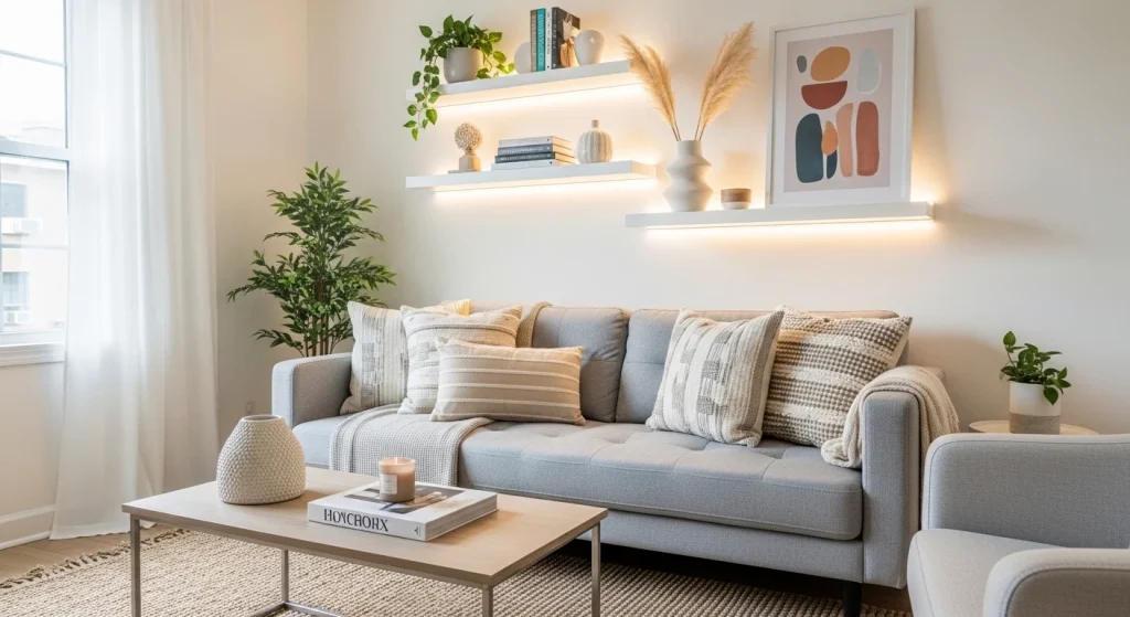 LED wall accent small apartment living room wall decor ideas