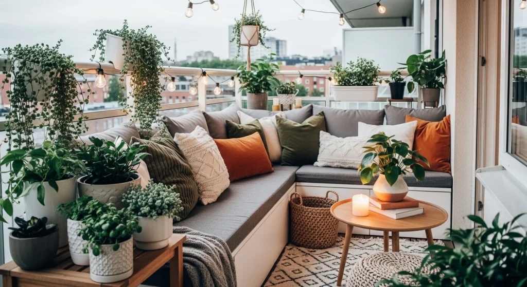 cushioned bench small apartment balcony seating ideas
