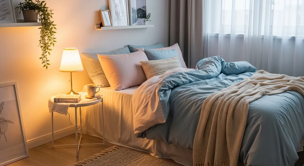  cozy small bedroom with warm lamp lighting