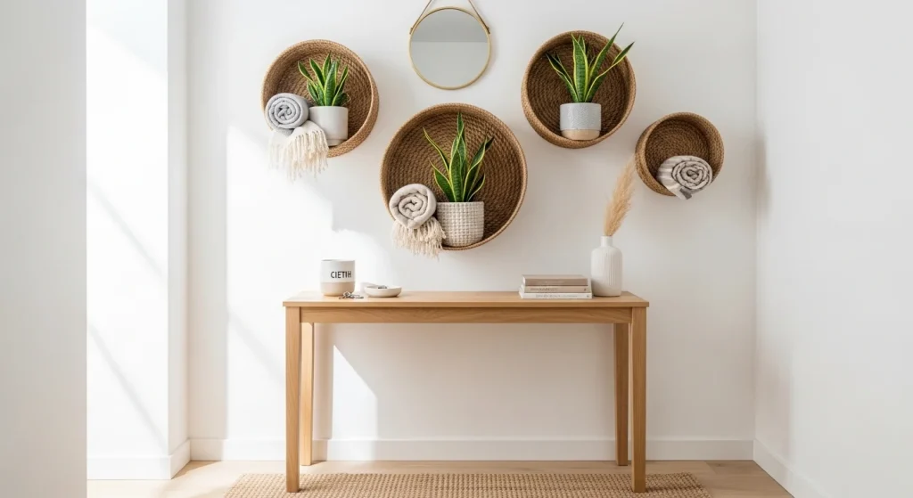 wall basket small apartment entryway storage ideas
