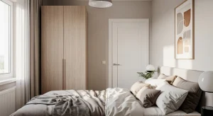 small apartment bedroom with tall slim wardrobe for vertical storage 