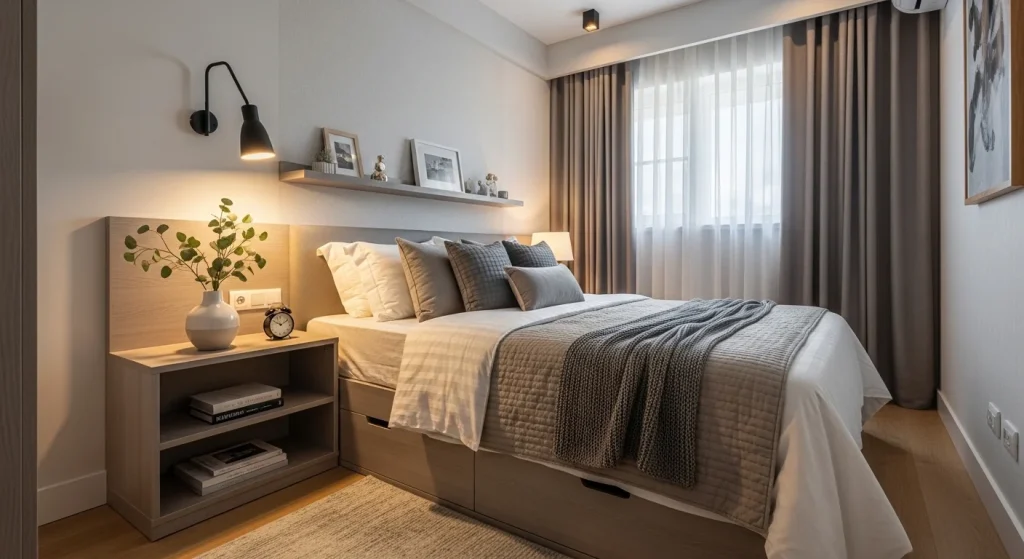 Compact bedside table with shelves for books and decor in modern bedroom