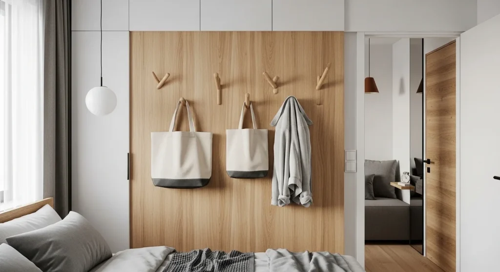 wall hooks storage solution in small apartment bedroom
